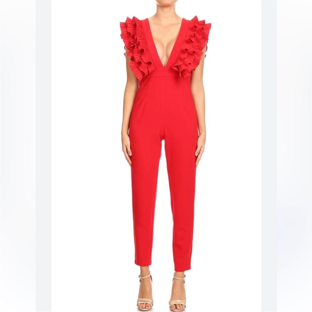 NWT INA RUFFLE SHOULDER JUMPSUIT IN RED M